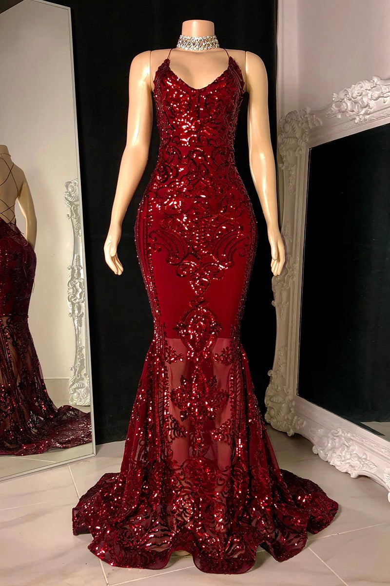 Gorgeous Halter V-Neck Sleeveless Mermaid Prom Dresses Sequins Long-Ballbella