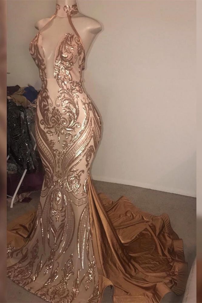 Gorgeous High neck Golden Mermaid Long Prom Party GownsReal Model Series-Ballbella