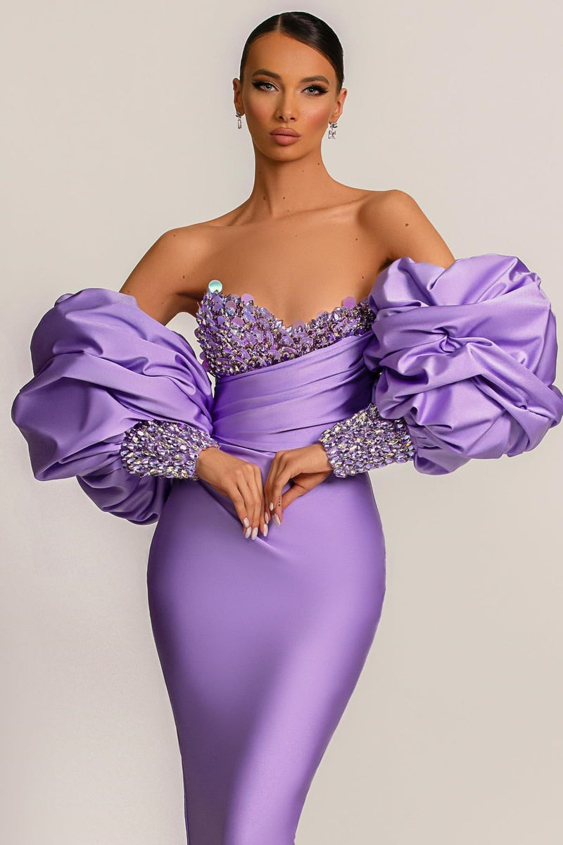 Gorgeous Lilac Detachable Sleeves Prom Dress Mermaid Sweetheart With Sequins-Ballbella