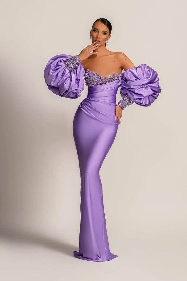 Gorgeous Long Sleeve Beaded Satin Prom Dresses with Detachable Skirt, FC6234