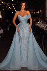 Gorgeous Long Blue A-line Off-the-shoulder Sleeveless Sequined Prom Dress With Detachable Train-Ballbella