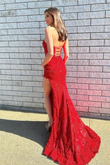 Gorgeous Long Red One Shoulder Graduation Dresses Glitter Lace Prom Dresses With Split Online-Ballbella