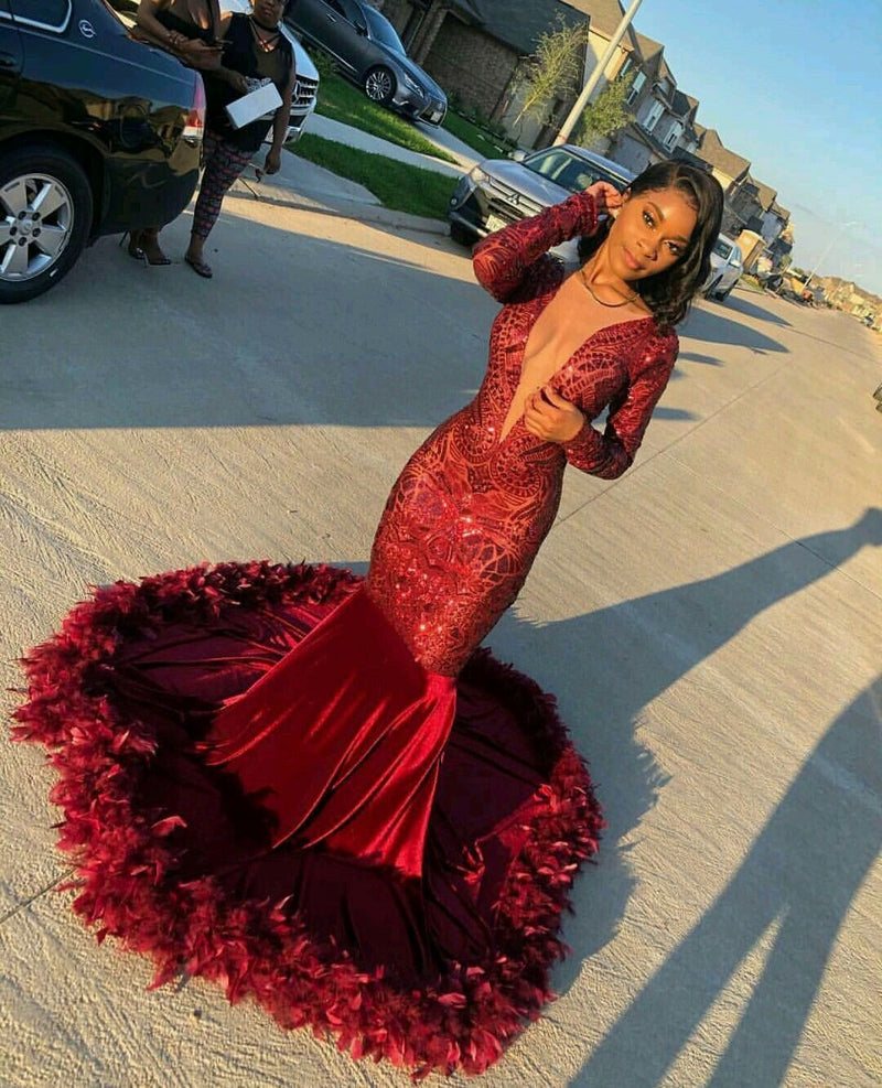 Gorgeous Long Sleeves Burgundy Lace Sequins Prom Dress Mermaid With Feather-Ballbella