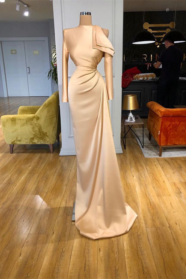 Gorgeous Long Sleeves Champagne Mermaid Prom Dress High Neck-Ballbella