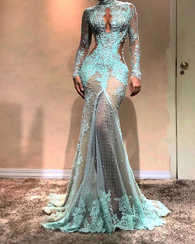 Gorgeous Long Sleeves Mermaid Evening Dress Lace Formal Dress-Ballbella