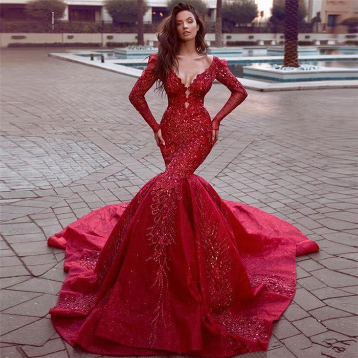 Gorgeous Long Sleevess Mermaid Evening Dresses with Train Hot Backless Lace Crystal Prom Dresses-Ballbella