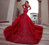 Gorgeous Long Sleevess Mermaid Evening Dresses with Train Hot Backless Lace Crystal Prom Dresses-Ballbella