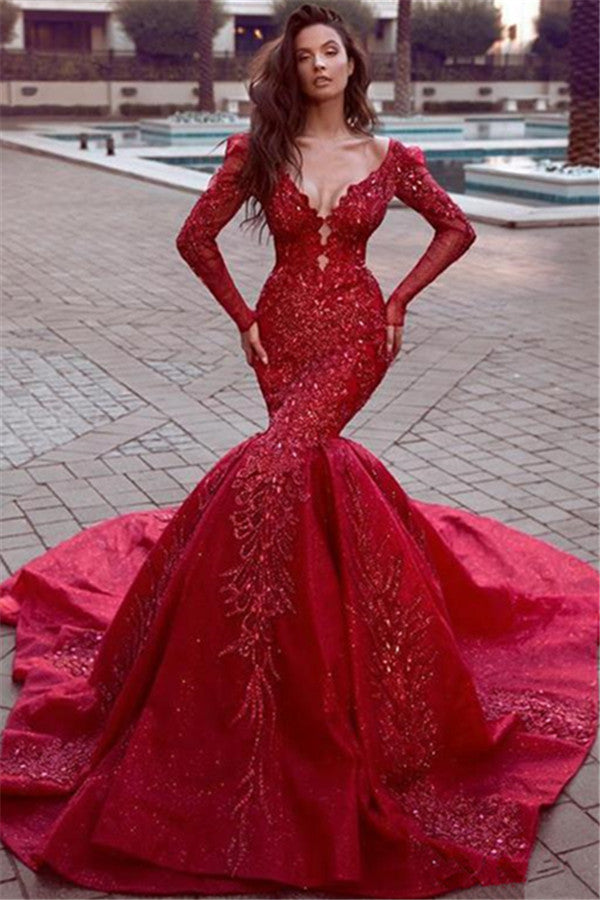 Gorgeous Long Sleevess Mermaid Evening Dresses with Train Hot Backless Lace Crystal Prom Dresses-Ballbella