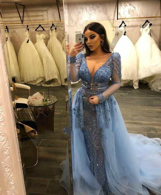 Gorgeous Long Sleevess V-Neck Lace Beaded Mermaid Prom Dresses with Over Skirt-Ballbella