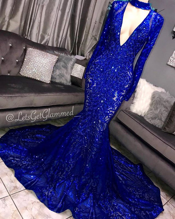 Gorgeous Mermaid Long Sleevess Deep V-neck Lace Applique Prom Dresses-Ballbella