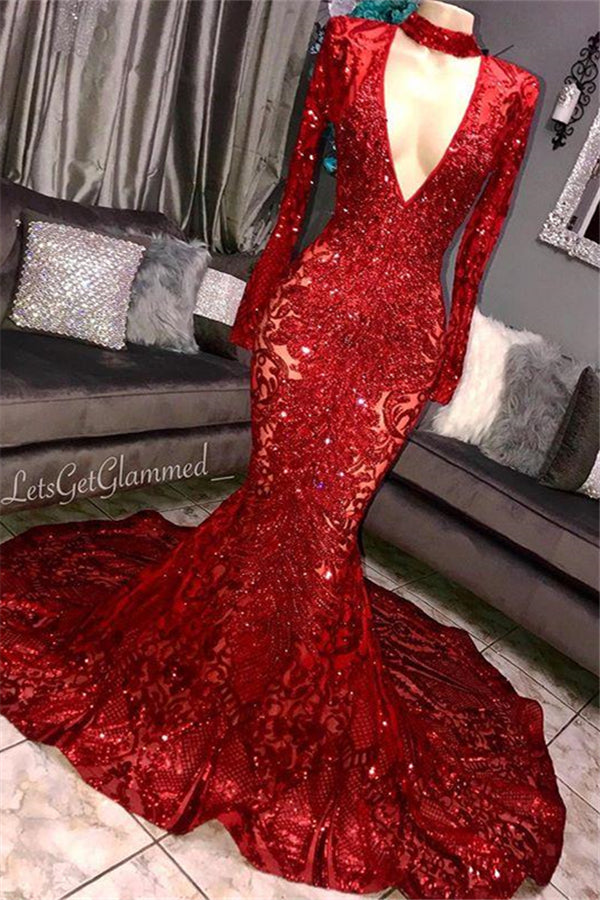 Gorgeous Mermaid Long Sleevess Deep V-neck Lace Applique Prom Dresses-Ballbella