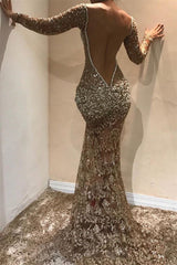 Gorgeous Mermaid Long Sleevess Open Back Sequins Prom Dresses-Ballbella