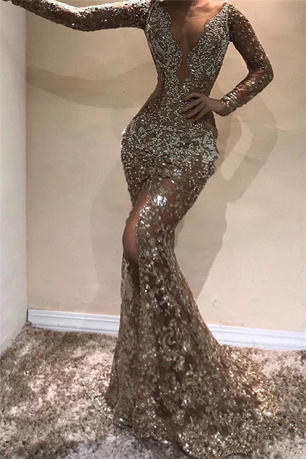 Gorgeous Mermaid Long Sleevess Open Back Sequins Prom Dresses-Ballbella