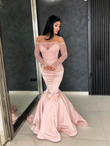 Gorgeous Mermaid Off-the-Shoulder Prom Gowns Long Sleeves Lace Evening Dresses-Ballbella