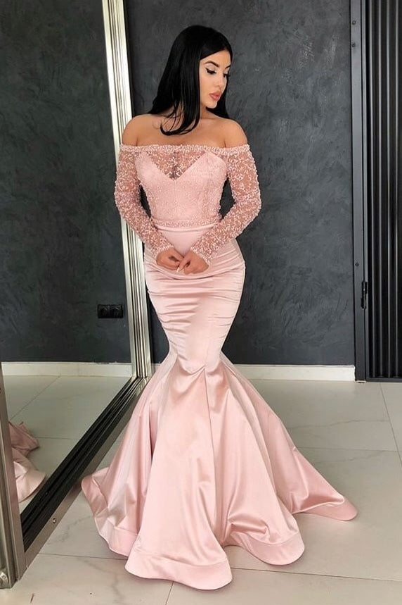 Gorgeous Mermaid Off-the-Shoulder Prom Gowns Long Sleeves Lace Evening Dresses-Ballbella