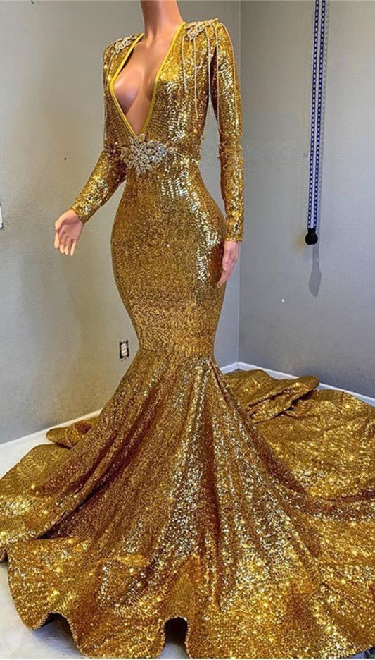 Gorgeous Mermaid Sequins Long Sleevess Floor Length Prom Dresses-Ballbella