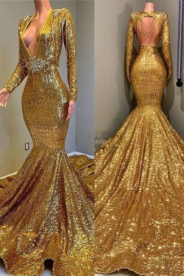 Gorgeous Mermaid Sequins Long Sleevess Floor Length Prom Dresses-Ballbella