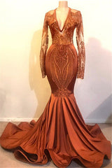 Gorgeous Mermaid V-neck Long Sleevess Prom Dresses-Ballbella