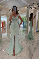 Gorgeous Mint Sequins Prom Dress Straps Long Mermaid Holiday Dress With Slit-Ballbella