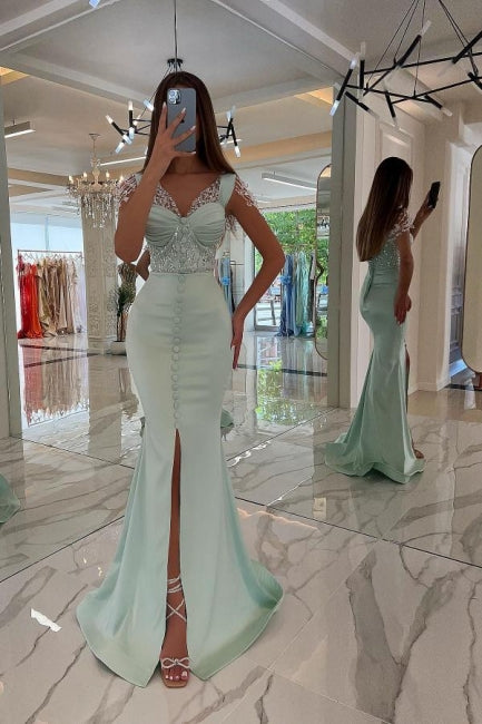 Gorgeous Mint Sequins Prom Dress Straps Long Mermaid Holiday Dress With Slit-Ballbella