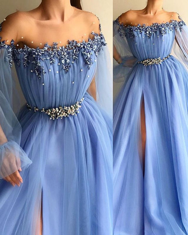 Gorgeous Off-The-Shoulder Appliques Tulle A-Line Prom Party Gowns-Ballbella