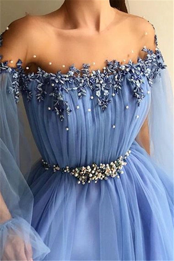 Gorgeous Off-The-Shoulder Appliques Tulle A-Line Prom Party Gowns-Ballbella