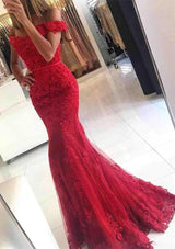 Gorgeous Off-the-shoulder Lace Appliques Red Mermaid Evening Dress-Ballbella