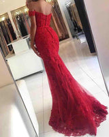 Gorgeous Off-the-shoulder Lace Appliques Red Mermaid Evening Dress-Ballbella