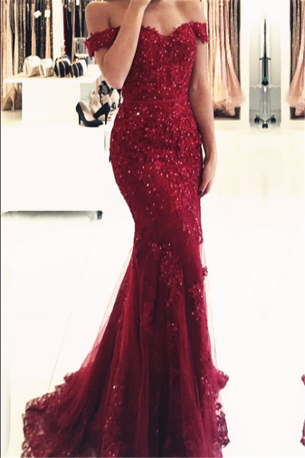 Gorgeous Off-the-shoulder Lace Appliques Red Mermaid Evening Dress-Ballbella