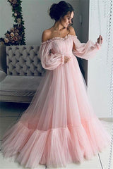 Gorgeous Off-The-Shoulder Long-Sleeves Sheer-Tulle A-Line Prom Party Gowns-Ballbella