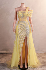 Gorgeous One shoulder Dusty Sage Prom Dress Slit Long With Sequins Beads-Ballbella