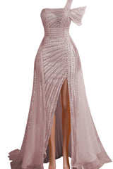 Gorgeous One shoulder Dusty Sage Prom Dress Slit Long With Sequins Beads-Ballbella