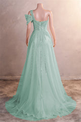 Gorgeous One shoulder Dusty Sage Prom Dress Slit Long With Sequins Beads-Ballbella