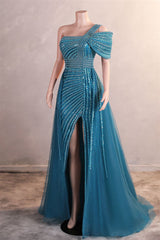 Gorgeous One shoulder Dusty Sage Prom Dress Slit Long With Sequins Beads-Ballbella