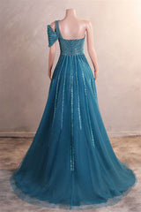 Gorgeous One shoulder Dusty Sage Prom Dress Slit Long With Sequins Beads-Ballbella