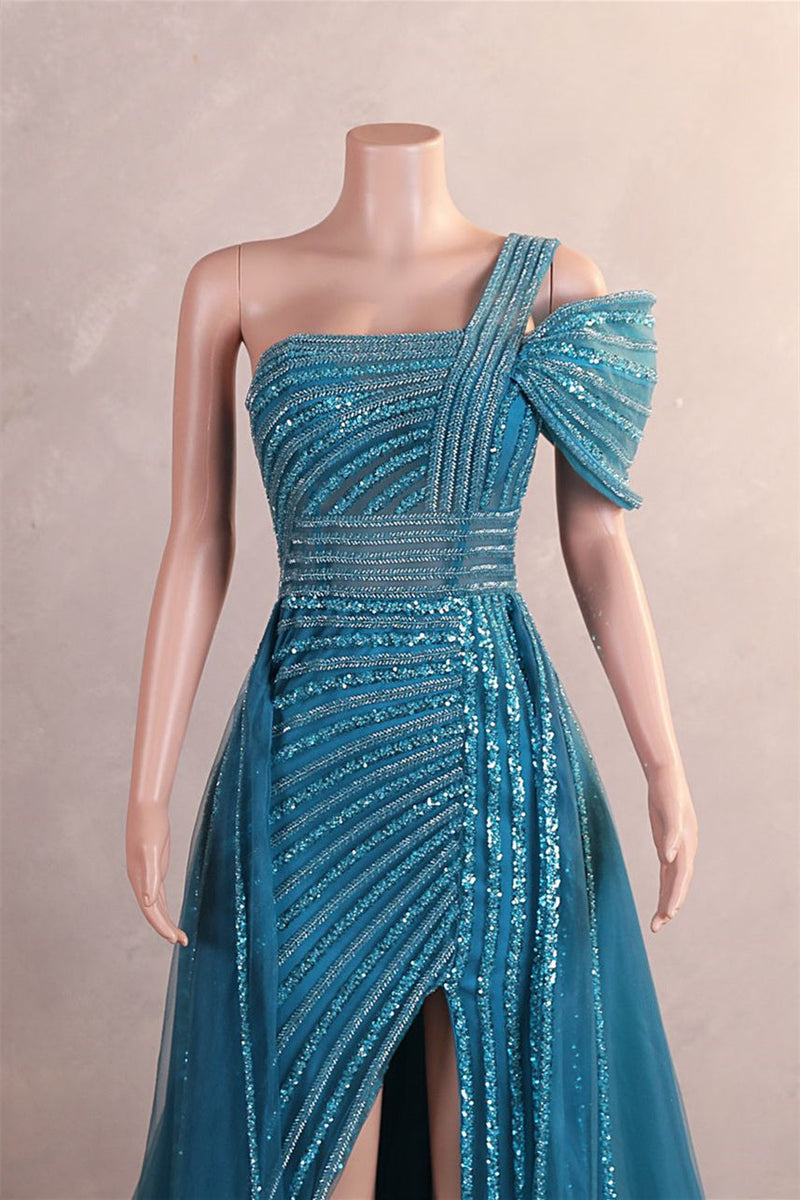 Gorgeous One shoulder Dusty Sage Prom Dress Slit Long With Sequins Beads-Ballbella