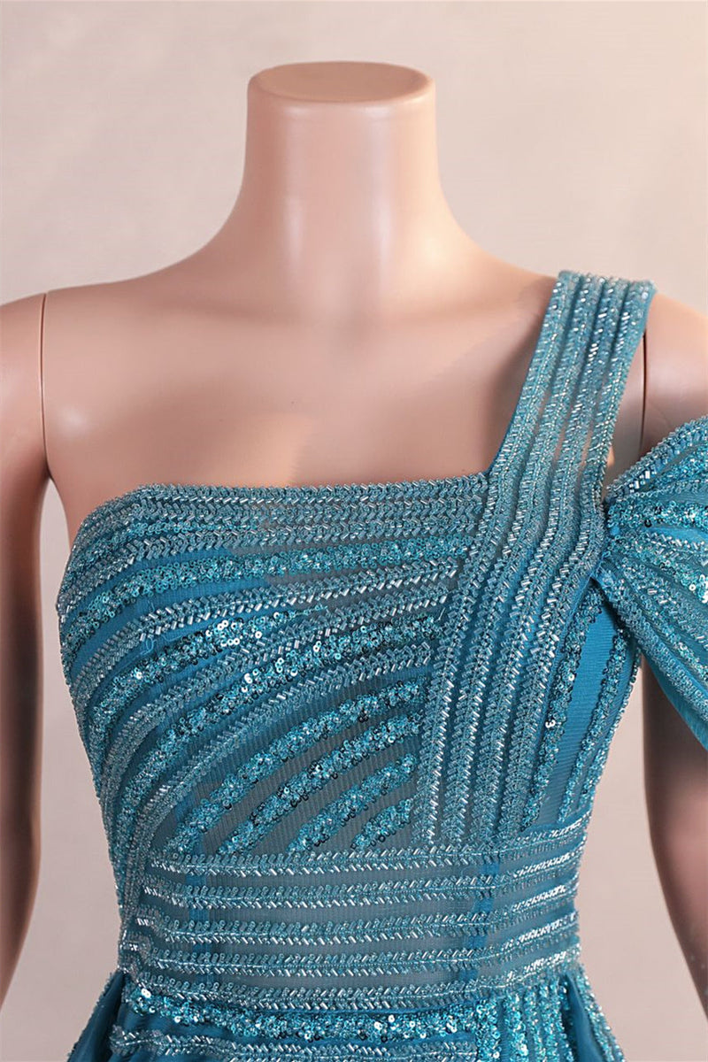 Gorgeous One shoulder Dusty Sage Prom Dress Slit Long With Sequins Beads-Ballbella