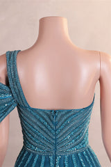 Gorgeous One shoulder Dusty Sage Prom Dress Slit Long With Sequins Beads-Ballbella