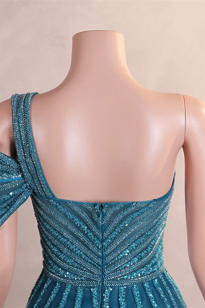 Gorgeous One shoulder Dusty Sage Prom Dress Slit Long With Sequins Beads-Ballbella