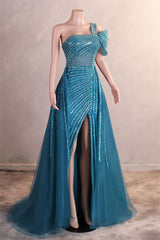 Gorgeous One shoulder Dusty Sage Prom Dress Slit Long With Sequins Beads-Ballbella