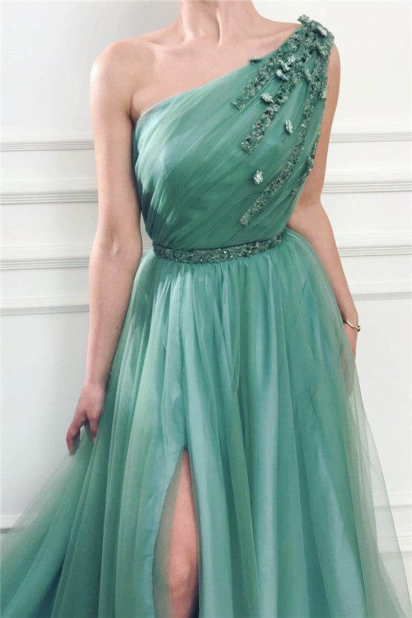 Gorgeous One Shoulder Green Tulle Prom Party Gowns with Beading Chic Front Slit Long Prom Party Gowns with Beading Sash-Ballbella