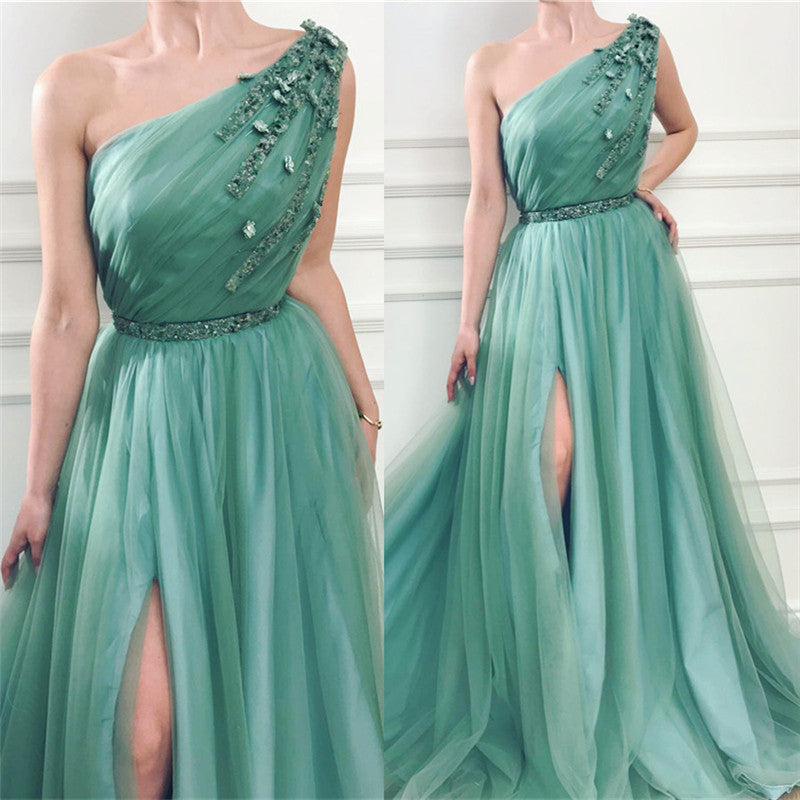 Gorgeous One Shoulder Green Tulle Prom Party Gowns with Beading Chic Front Slit Long Prom Party Gowns with Beading Sash-Ballbella