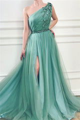 Gorgeous One Shoulder Green Tulle Prom Party Gowns with Beading Chic Front Slit Long Prom Party Gowns with Beading Sash-Ballbella