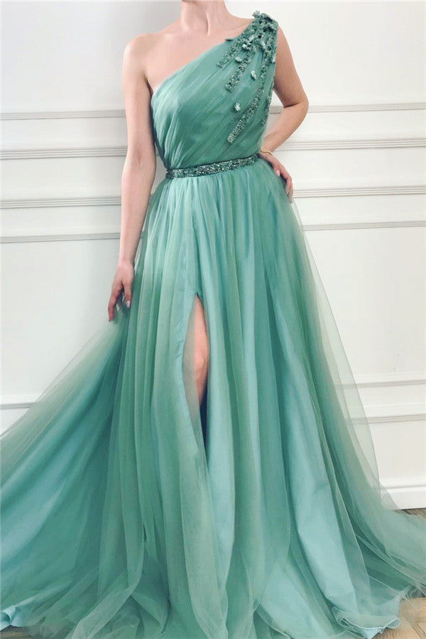 Gorgeous One Shoulder Green Tulle Prom Party Gowns with Beading Chic Front Slit Long Prom Party Gowns with Beading Sash-Ballbella