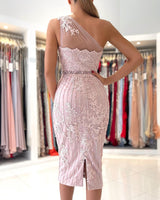 Gorgeous One Shoulder Lace Sheath Prom Dress Online With Crystal-Ballbella