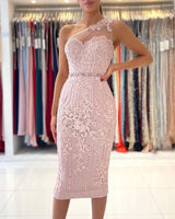 Gorgeous One Shoulder Lace Sheath Prom Dress Online With Crystal-Ballbella