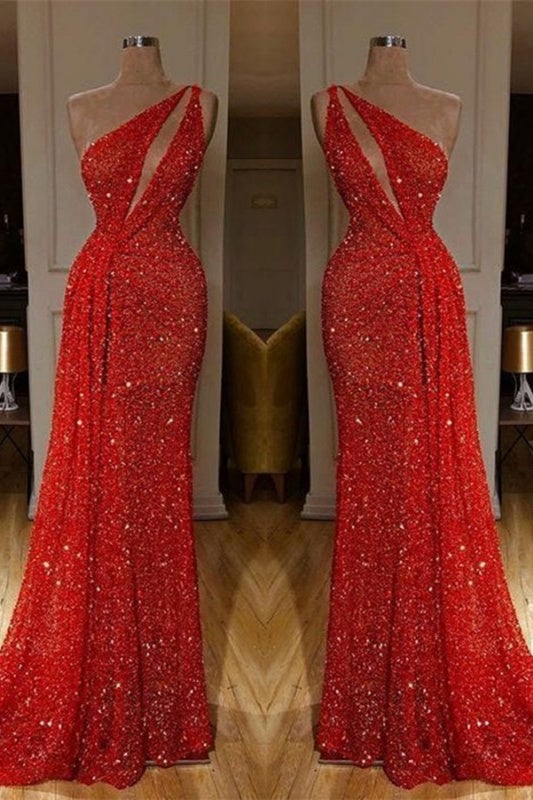 Gorgeous One Shoulder Red Sequins Long Prom Dress-Ballbella