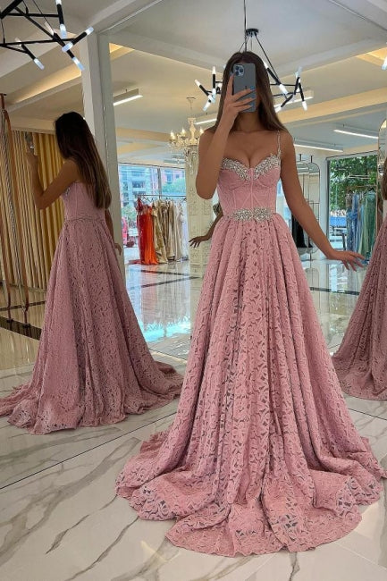 Gorgeous Pink Spaghetti-Straps Prom Dress Lace Holiday Dress Long-Ballbella