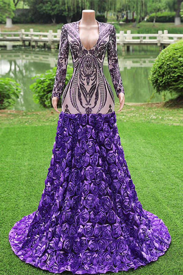 Gorgeous Purple Long Sleeves V-Neck Prom Dress Sequins With Flowers-Ballbella