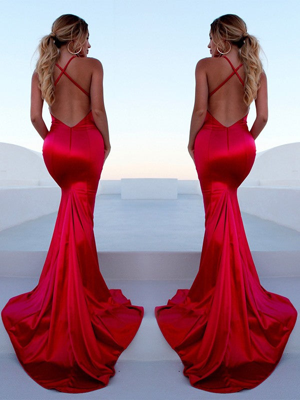 Gorgeous Red Halter Elegant Lace Up Prom Dresses Sleeveless Ruffles Chic Mermaid Side Slit Evening Dresses-Ballbella